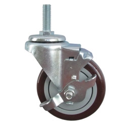 4" Stainless Steel Threaded Stem Swivel Caster with Maroon Polyurethane Tread Wheel and Brake