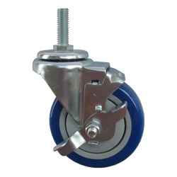 4" Stainless Steel Threaded Stem Swivel Caster with Blue Polyurethane Tread Wheel and Brake