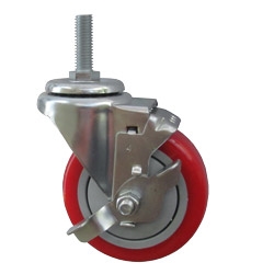 4" Stainless Steel Threaded Stem Swivel Caster with Red Polyurethane Tread Wheel and Brake