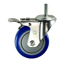 4" Stainless Steel Threaded Stem Swivel Caster with Blue Polyurethane Tread Wheel and Total Lock Brake