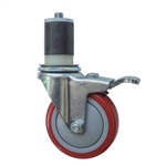 4" Expanding Stem Stainless Steel Swivel Caster with Red Polyurethane Tread and total lock brake