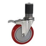 5" Expanding Stem Stainless Steel Swivel Caster with Red Polyurethane Tread and total lock brake