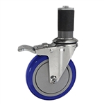 5" Expanding Stem Stainless Steel Swivel Caster with Blue Polyurethane Tread and total lock brake