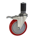 5" Expanding Stem Stainless Steel Swivel Caster with Red Polyurethane Tread and total lock brake