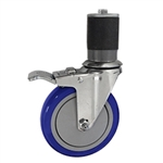 5" Expanding Stem Stainless Steel Swivel Caster with Blue Polyurethane Tread and total lock brake