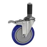 5" Expanding Stem Stainless Steel Swivel Caster with Blue Polyurethane Tread and total lock brake