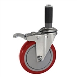 5" Expanding Stem Stainless Steel Swivel Caster with Red Polyurethane Tread and total lock brake