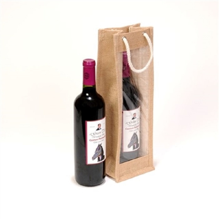 1 Bottle Natural Laminated Jute Wine Bag With Cotton Cord Handle