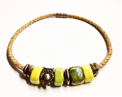Cork Necklace Lemon Lime ceramic beads with owl
