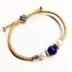 Cork  Bracelet  Dark BlueBead 2 pearls Adjustable