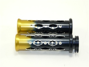 UNIVERSAL ANODIZED BLACK/GOLD GRIPS WITH FLAT ENDS & DIAMOND CUT-OUT, SEE FITMENTS BELOW (PRODUCT CODE: A4286BG)