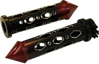 UNIVERSAL ANODIZED BLACK/RED GRIPS WITH SPIKE ENDS & DIAMOND CUT-OUT, SEE FITMENTS BELOW (PRODUCT CODE: A4286PBR)