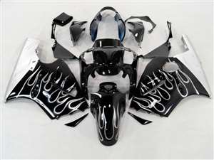 Motorcycle Fairings Kit - 2000-2001 Kawasaki ZX12R Black/Silver Flame Fairings | NK10001-15