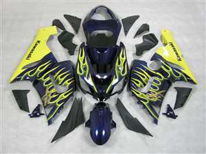 Motorcycle Fairings Kit - 2005-2006 Kawasaki ZX6R Yellow Flames on Blue Fairings | NK60506-20