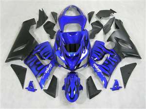 Motorcycle Fairings Kit - 2005-2006 Kawasaki ZX6R Black Flame on Blue Fairings | NK60506-35