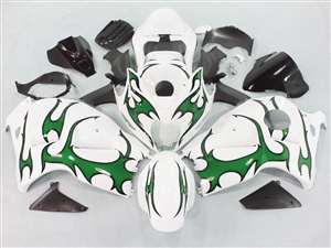 Motorcycle Fairings Kit - 1999-2007 Suzuki GSXR 1300 Hayabusa Green Tribal on White Fairings | NSH9907-38