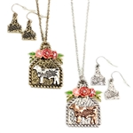 Cow Tag with Enamel Flowers Necklace Set - Gold or Silver - Package (3)