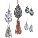 J191 - Metal Turquoise Drops with Metal Tassles - Silver or Patina - Package (3)