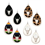 JE017 - Wooden Laser Cut Cow Tag and Serape Earrings - Pink, Turquoise and Brown - Package (3)