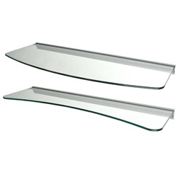 Set of 2 Clear Glass Wall Shelves - 1 Concave & 1 Convex - 24" wide with rail mounts