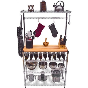 14"d x 36"w x 72"h Bakers Rack w/ Butcher Block Top and Wine Rack, Wire Shelving Unit