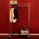 Wire shelving mobile closet with shelves, casters, a set of posts, and a coat-rod kit.