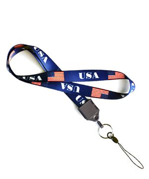 Pre-printed full color American Flag  lanyard with split ring and cell phone loop.