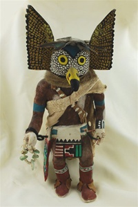 This Mongwu Kachina was carved and signed by world renowned Hopi carver Jimmy Kewanwytewa.