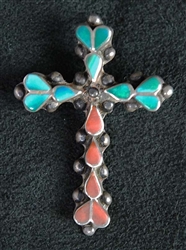 DISHTA FAMILY TURQUOISE AND CORAL CROSS PENDANT