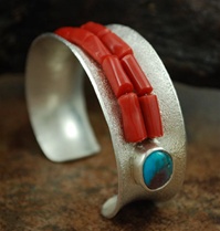 OLIN TISNGINE BISBEE TURQUOISE & CORAL  BRACELET