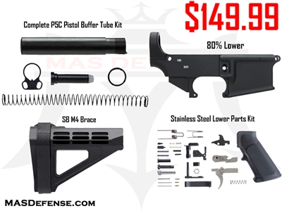 AR-15 80% LOWER - STAINLESS LOWER PARTS KIT - SBM4 PISTOL BRACE - P5C PISTOL BUFFER TUBE COMBO