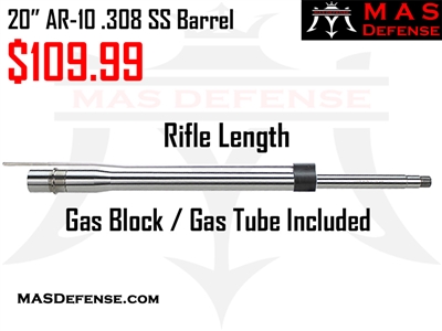 20" AR-10 .308 1X10 MID-WEIGHT 416R STAINLESS STEEL BARREL W/ GAS BLOCK AND GAS TUBE