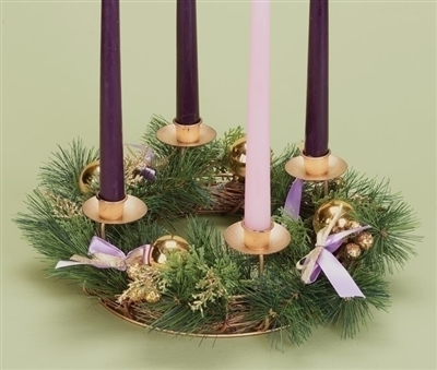 14" ADVENT WREATH WITH PURPLE RIBBON & GOLD PINE CONES, W/O CANDLES