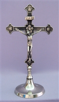 Crucifix, antique SILVER PLATED brass, standing, round base, 11"