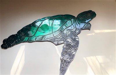 Aquatic Large Sea Turtle Metal Decor Teal Tinged 34"