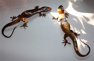 Small Counter Top Gecko Pair w/Turquoise eyes Copper/Bronze Plated Pair