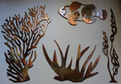 Sea Coral/Plant Collection of 3 plus Fish Metal Wall Art Decor