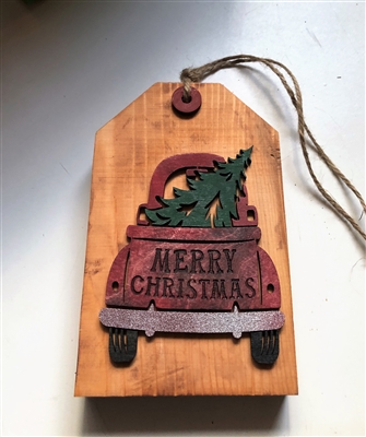 Merry Christmas Red Truck with Tree Tiered Tag Wooden DÃ©cor