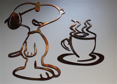 Coffee Drinking Snoopy Set Copper/Bronze Plated Metal Art