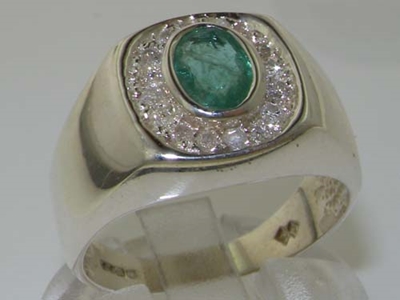 Stunning Sterling Silver Emerald and Diamond Men's Signet Ring