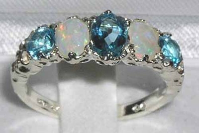 Sumptuous 9K White Gold Blue Topaz and Australian Opal Five Stone Ring