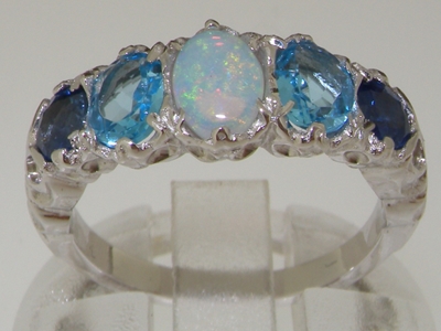 Stunning 14K White Gold Opal, Blue Topaz and Sapphire Five Stone Ring