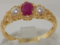 Stunning 18K Yellow Gold Ruby and Pearl Trilogy Ring