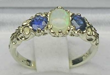 Stunning 18K White Gold Opal and Sapphire Ornate Trilogy Ring