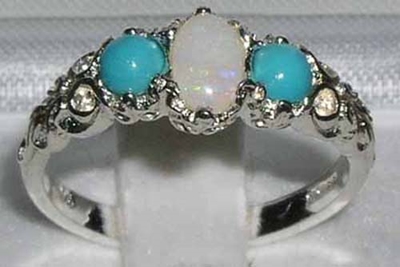 Beautiful 18K Yellow Gold Opal and Turquoise Ornate Trilogy Ring