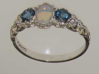 Beautiful 14K White Gold Opal and London Blue Topaz Trilogy Ring