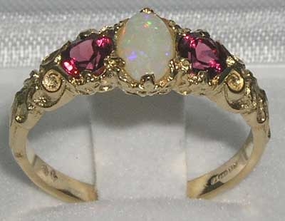 Exquisite Ornate 14K Yellow Gold Opal and Pink Tourmaline Trilogy Ring