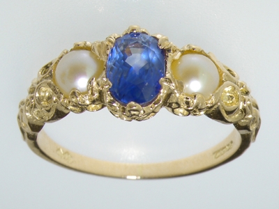 Beautiful 18K Yellow Gold Sapphire and Pearl Trilogy Ring