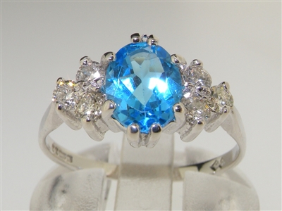 Elegant 9K White Gold Natural Blue Topaz & Diamond Engagement Ring