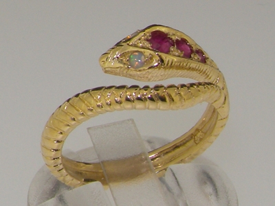 Breathtaking 14K Yellow Gold Ruby & Opal Single Wrap Snake Ring